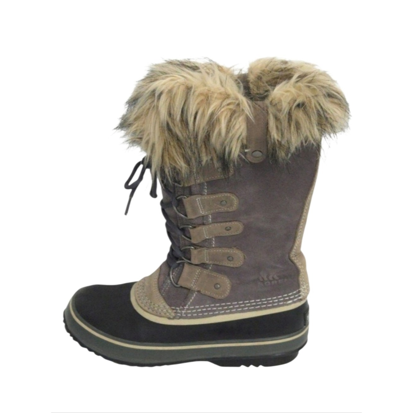 Sorel Gray Beige Suede, Fur & Black Rubber Joan Of Artic Winter Snow Boots- Sz 8